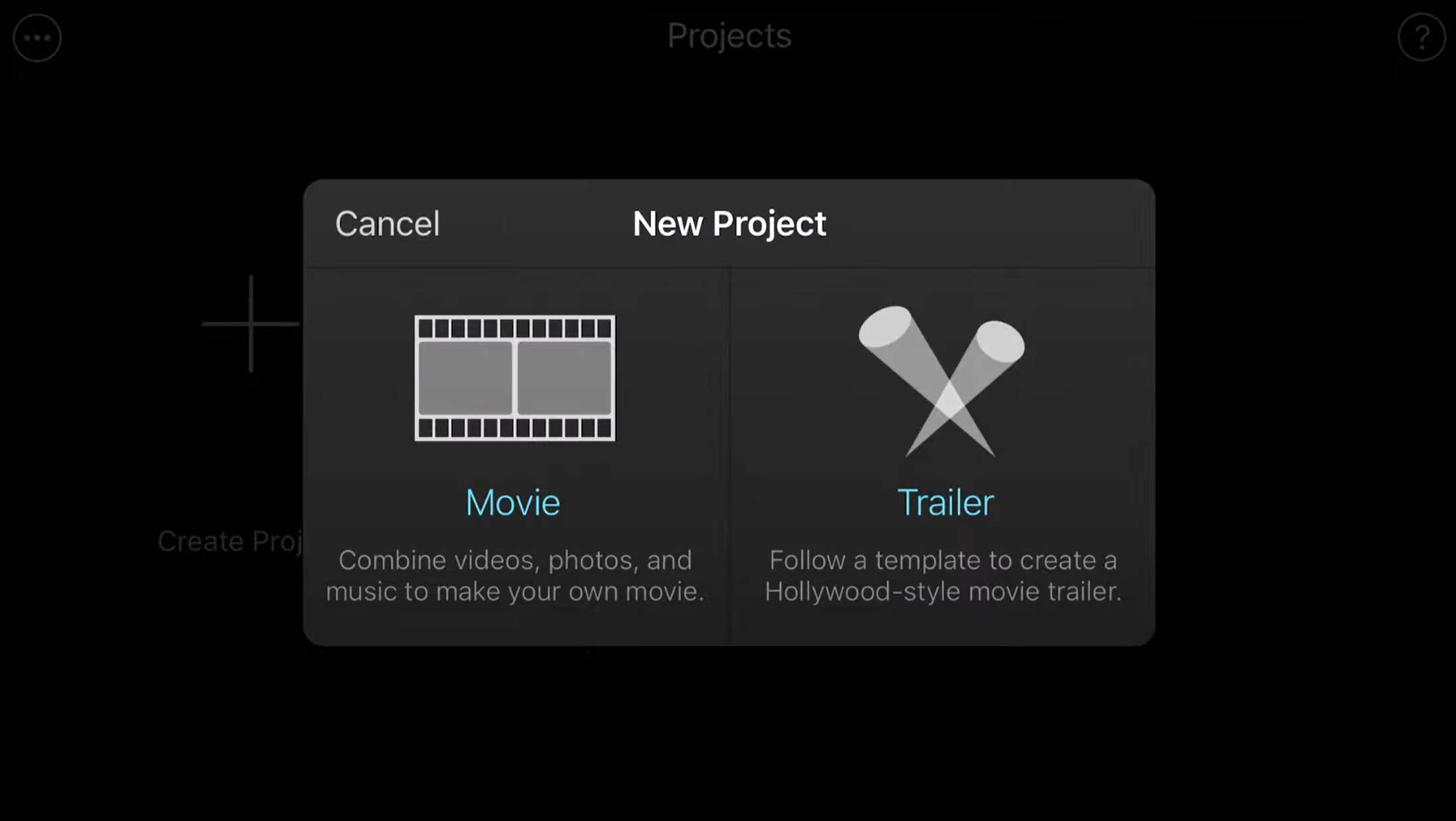 create new movie project in imovie iphone
