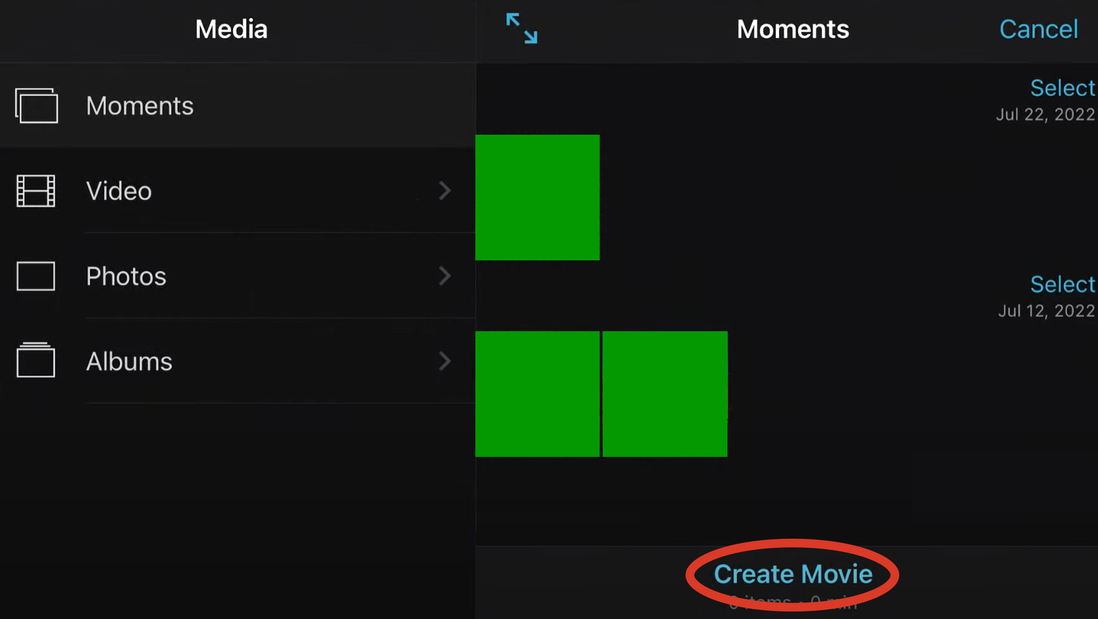 load media into movie project in imovie iphone create movie option