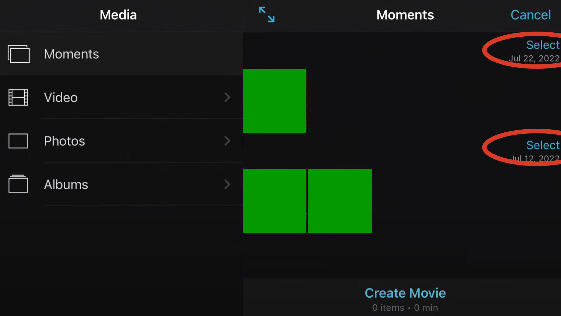 load media into movie project in imovie iphone select option