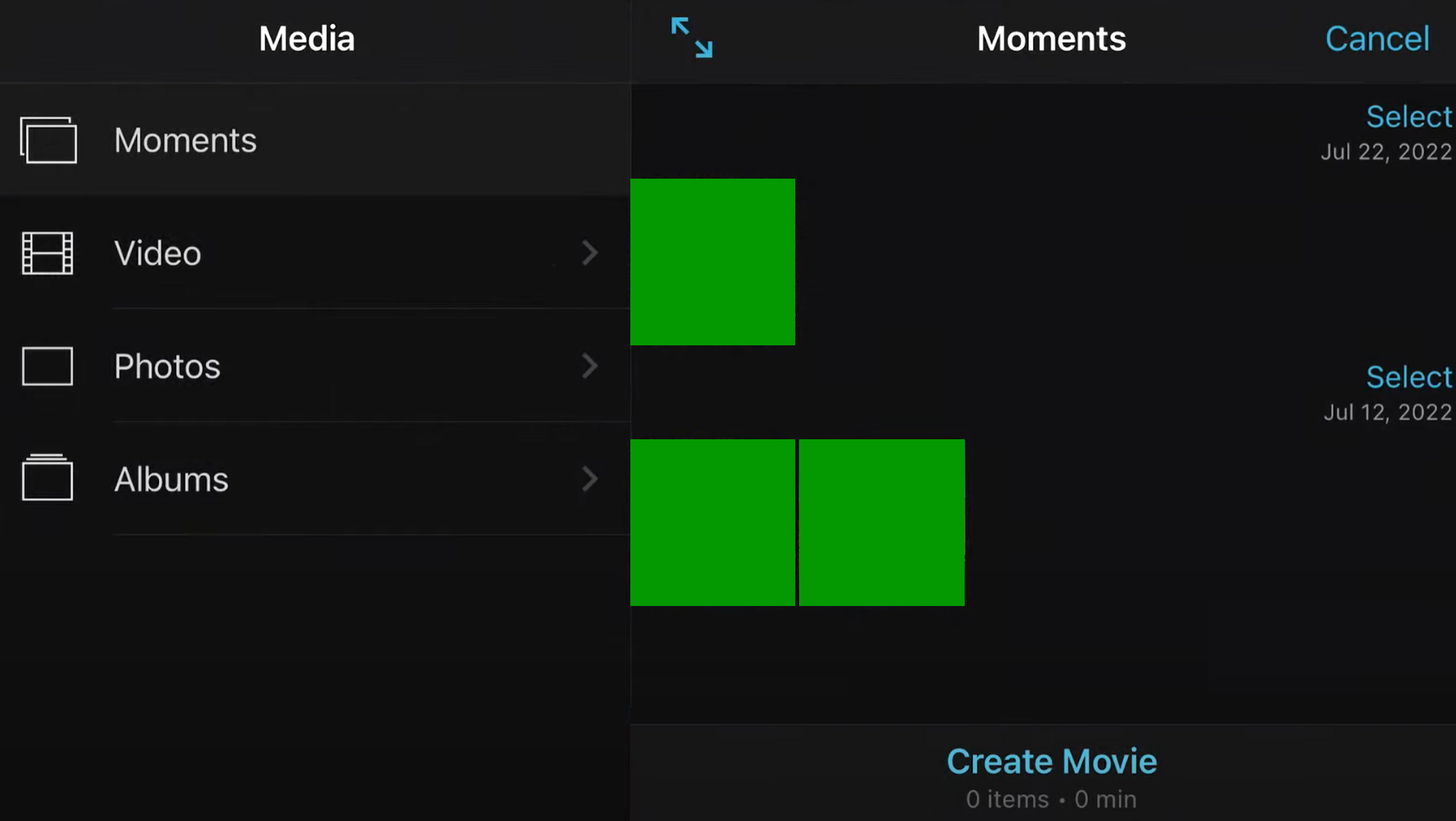 load media into movie project in imovie iphone