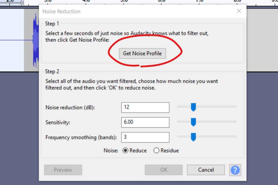 click on get noise profile in audacity