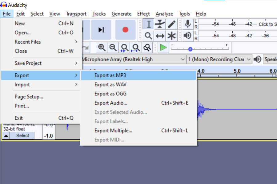 export audio in audacity