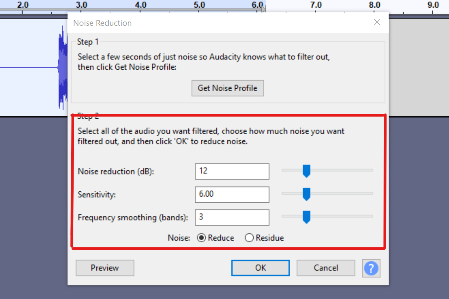noise reduction options in audacity
