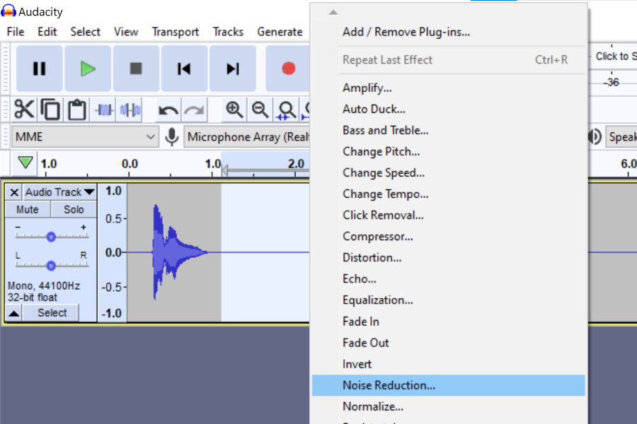 open noise reduction options in audacity