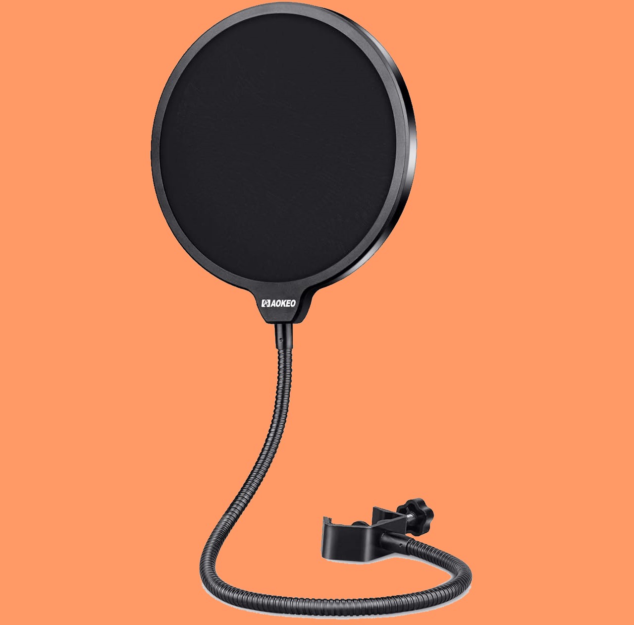 The Aokeo Professional Microphone Pop Filter, a pop filter for Blue Yeti, has adjustable gooseneck holder that fully supports the filter's weight and keep it in place.