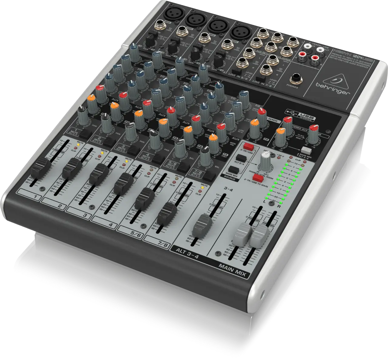 XENYX 1204USB/audio interface, a multi USB microphone mixer, allows for a direct connection to a computer, ensuring seamless recording.
