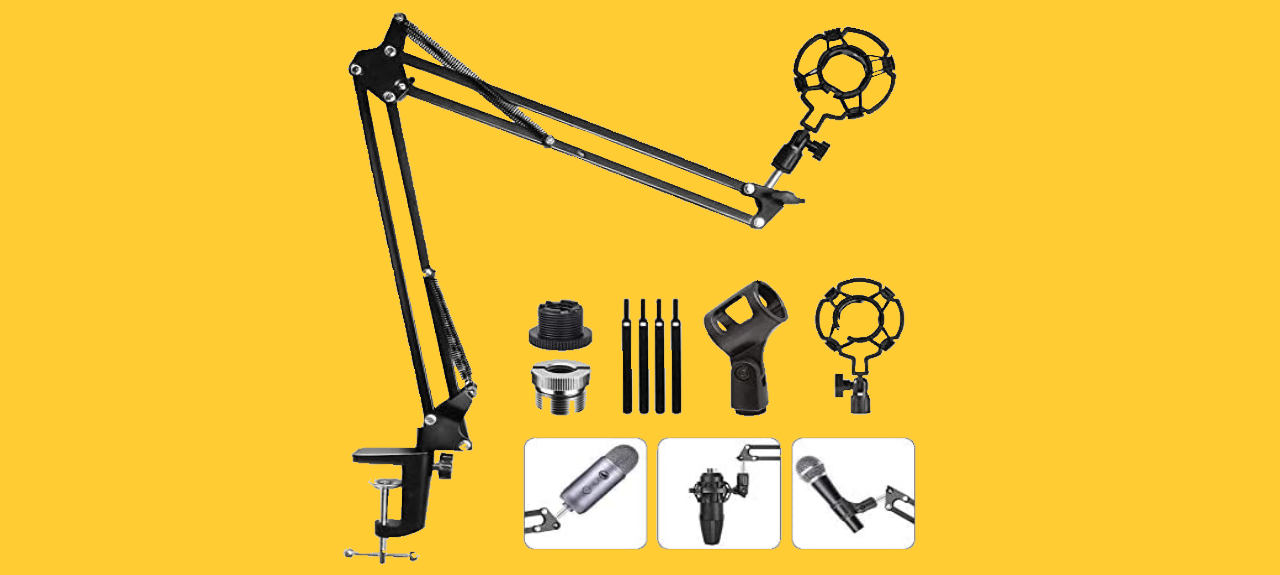 Eastshining's Upgraded Adjustable Microphone Suspension Boom Scissor Arm, one of the best boom arm for Blue Yeti, has dual suspension springs on each boom arm; protects microphone from shaking.