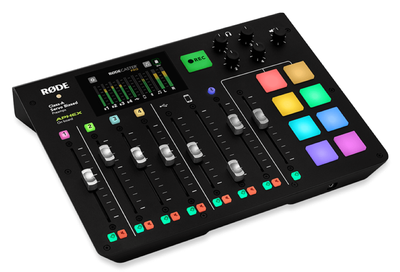 RØDECaster Pro, a multi USB microphone mixer, has 8 programmable pads for sound effects and jingles.