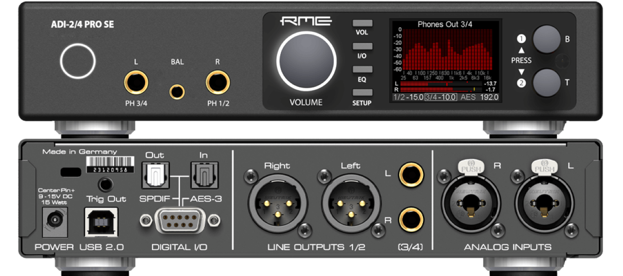 The RME ADI-2 Pro SE, an audio interface with XLR output, is a high-end AD/DA converter in professional studio quality. 