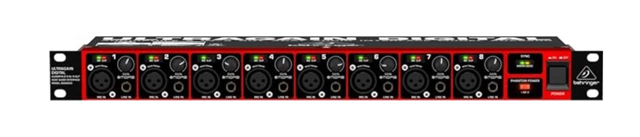 The Behringer ADA8200, one of the best budget mic preamp, is an 8-channel Microphone Preamplifier 24-bit 44.1/48kHz AD/DA Converter with ADAT Optical Out.