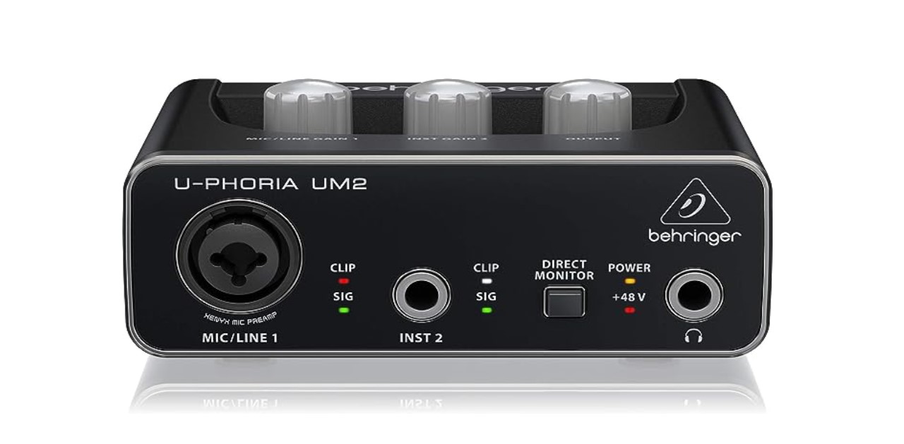 The Behringer U-Phoria UM2, one of the best audio interface under 100 dollars, has 2-channel USB Audio Interface with 1 XENYX Preamp. 