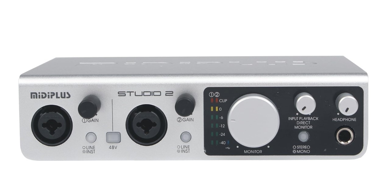 The Midiplus Studio 2 USB, one of the best audio interface under 100 dollars, has high-quality preamps for clear audio capture.